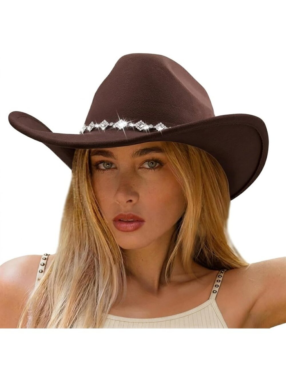 Women's Coffee Rhinestone Glitter Wide Brim Felt Cowboy Western Cowgirl Hat